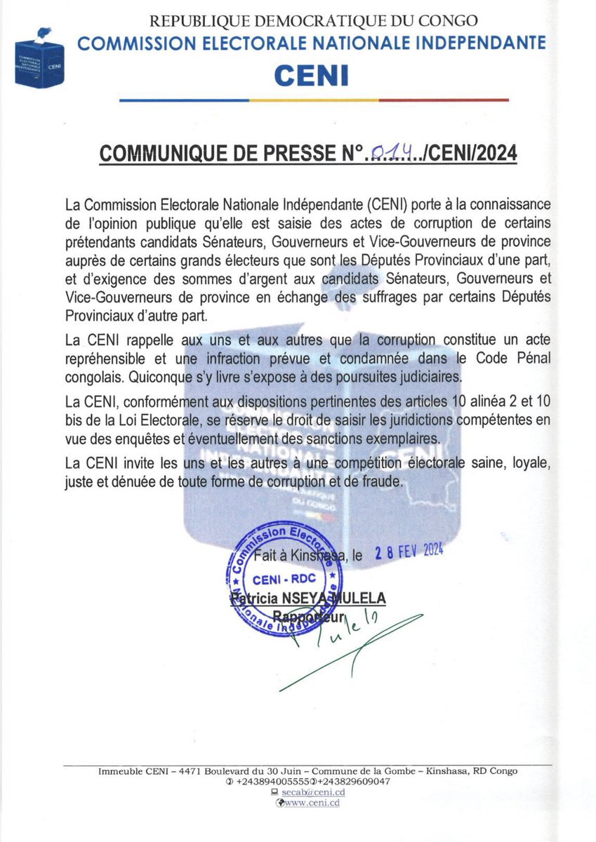 Une tentative de la moralisation de la classe politique en RDC par la @CeniRdc