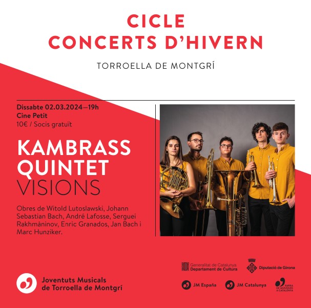 Aquest dissabte us esperem a tots en el #concert que oferirà el <a href="/KamBrassQuintet/">KamBrass Quintet</a> a Torroella 🎺
📅 2 de març
📍Cine Petit
🎟️10€. Socis de Joventuts Musicals de Torroella, entrada gratuïta.
Venda d'entrades en el lloc on se celebrarà el concert mitja hora abans de l'inici.