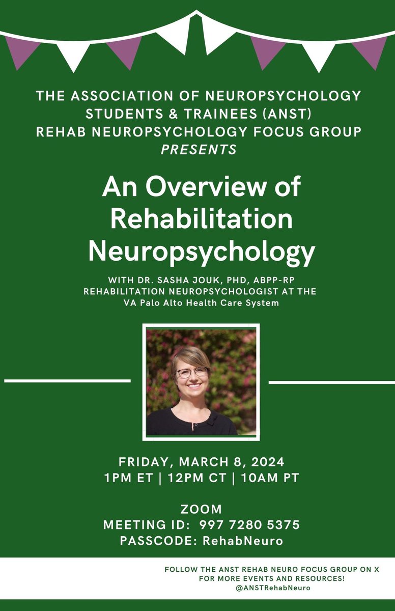 Join us for a virtual Overview of Rehab Neuropsychology with Dr. Sasha Jouk, PhD, ABPP-RP on Friday 3/8/24 @ 1PM ET! See flyer below for details and Zoom info 🧠👇🏽👇🏽