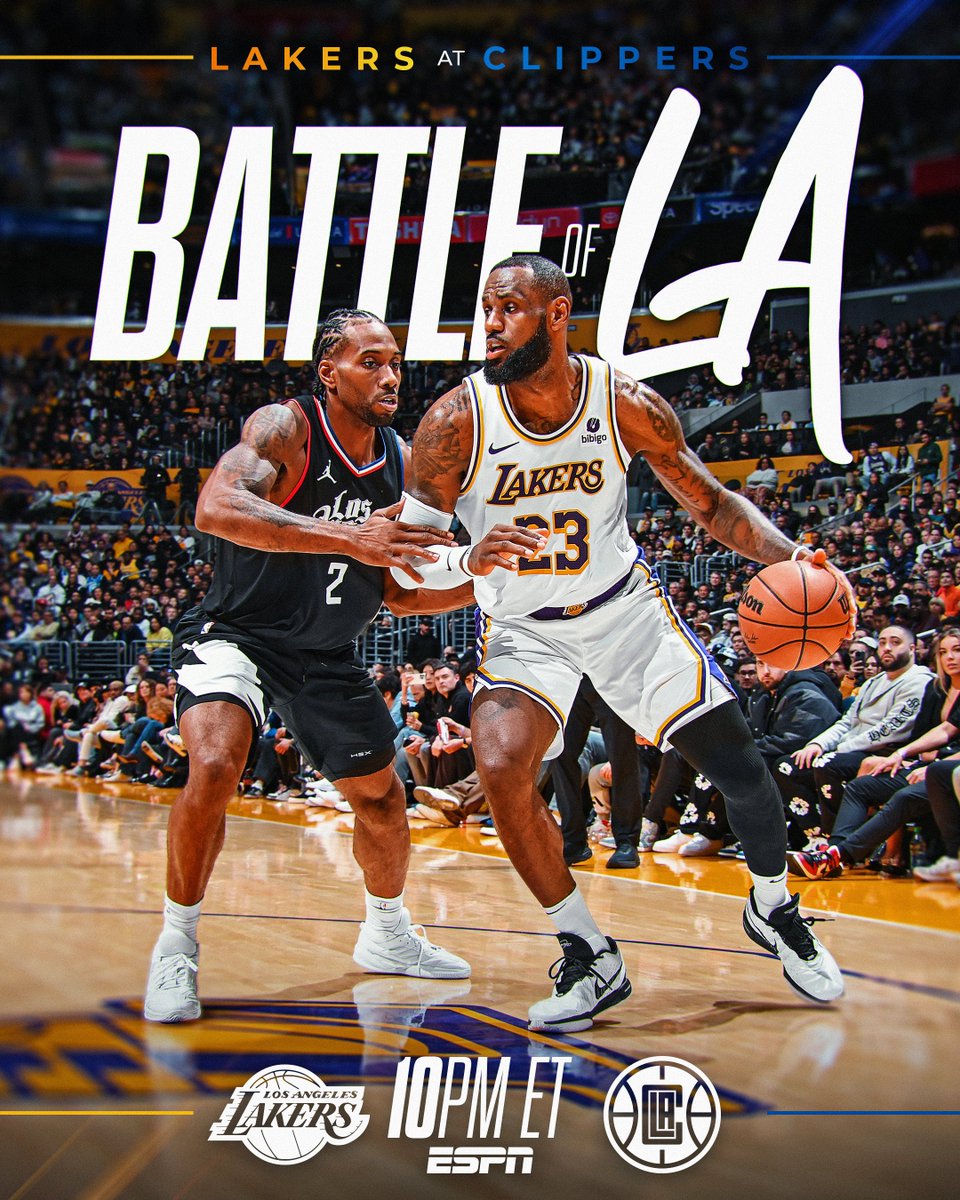 NBA's tweet photo. LeBron James (74 PTS away from 40K) and Kawhi Leonard (23.9 PPG) headline the Battle of LA!

Watch the @Lakers and @LAClippers last regular season matchup in their shared arena tonight at 10:00pm/et on ESPN. https://t.co/qLFwQ2QRZG