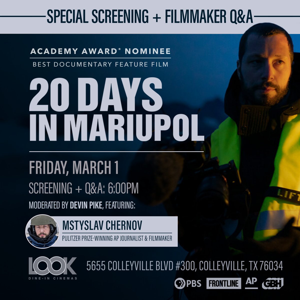 “Haunting and riveting.” – <a href="/latimes/">Los Angeles Times</a> 

@20daysmariupol comes to the #DFW area Mar. 1 for a special screening + Q&amp;A w/ <a href="/mstyslavchernov/">Мstyslav Chernov</a>. Learn more ➡️ bit.ly/20DaysDFW <a href="/redcarpetcrash/">Red Carpet Crash</a>