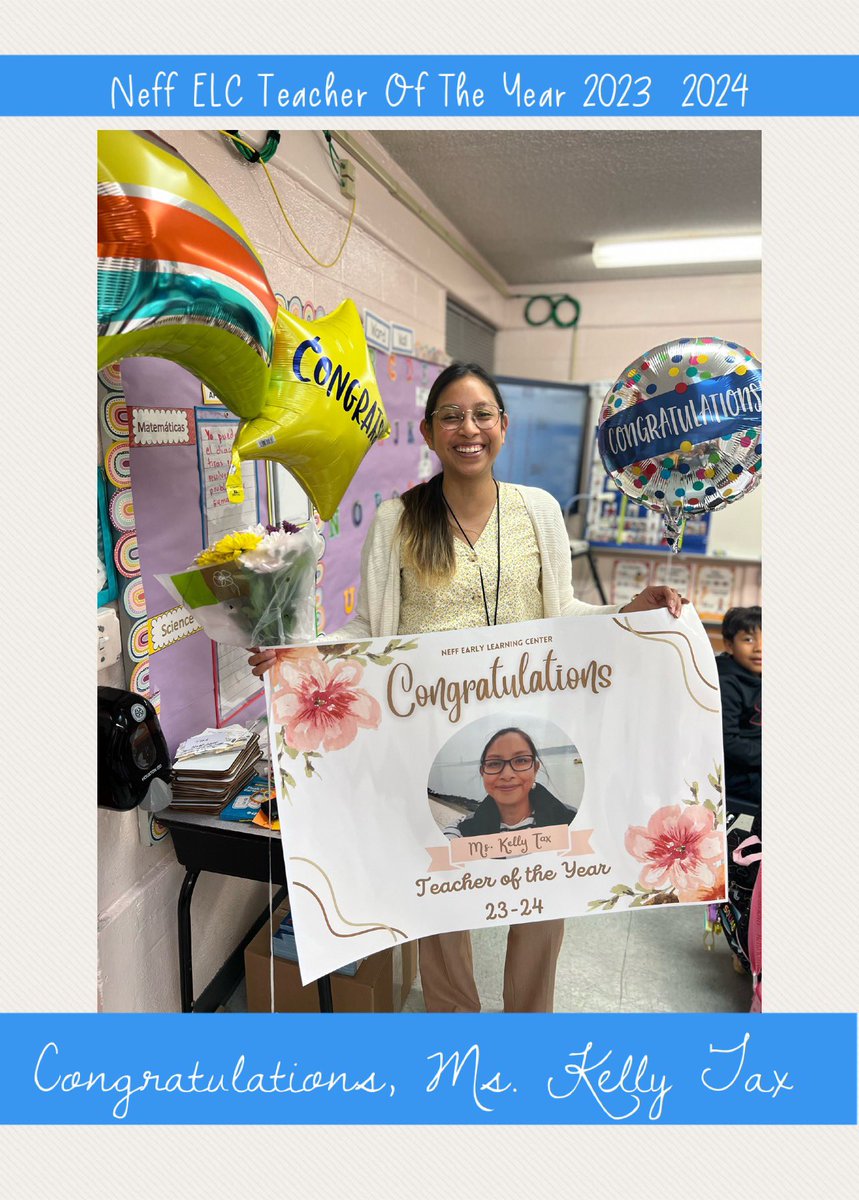 Neff Early Learning Center (@neffecc) on Twitter photo Congratulations to the Neff ELC
Teacher Of The Year 2023-2024
Ms. Kelly Tax, 1st grade Dual Language
We are so very proud of you!👏
Keep up the amazing work! 🎉
<a href="/HISD_West/">🚨 This page is no longer active! 🚨</a> @TeamHISD Congratulations to the Neff ELC
Teacher Of The Year 2023-2024
Ms. Kelly Tax, 1st grade Dual Language
We are so very proud of you!👏
Keep up the amazing work! 🎉
<a href="/HISD_West/">🚨 This page is no longer active! 🚨</a> @TeamHISD