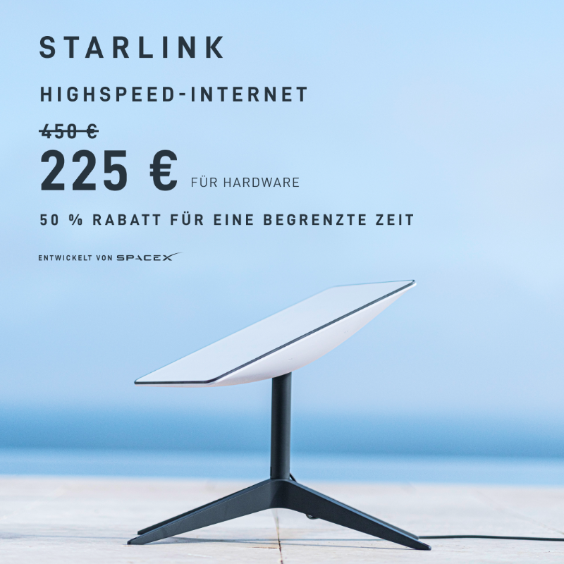 Starlink's tweet photo. Zeitlich begrenztes Angebot – bestellen Sie jetzt und erhalten Sie 50 % Rabatt auf Starlink-Hardware. Nur 225 €.
