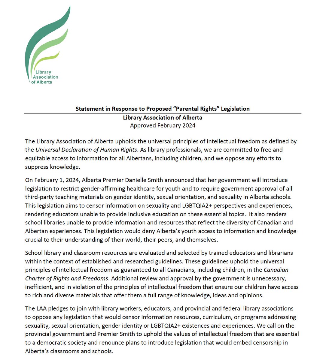 New statement from the <a href="/Lib_Assn_AB/">LAA</a>!

"We call on... Premier Smith to uphold the values of intellectual freedom that are essential to a democratic society and renounce plans to introduce legislation that would embed censorship in Alberta’s classrooms and schools." #abpoli #ableg