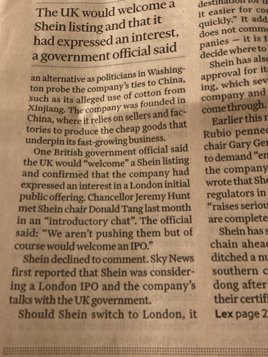 Is ⁦@Jeremy_Hunt⁩ so desperate for foreign companies to list on the London Stock Exchange that he would really welcome ⁦@SHEINUS_⁩ with its alleged links to #UyghurForcedLabour? How would welcoming Shein comply with the UK Gov’s position on #Xinjiang?