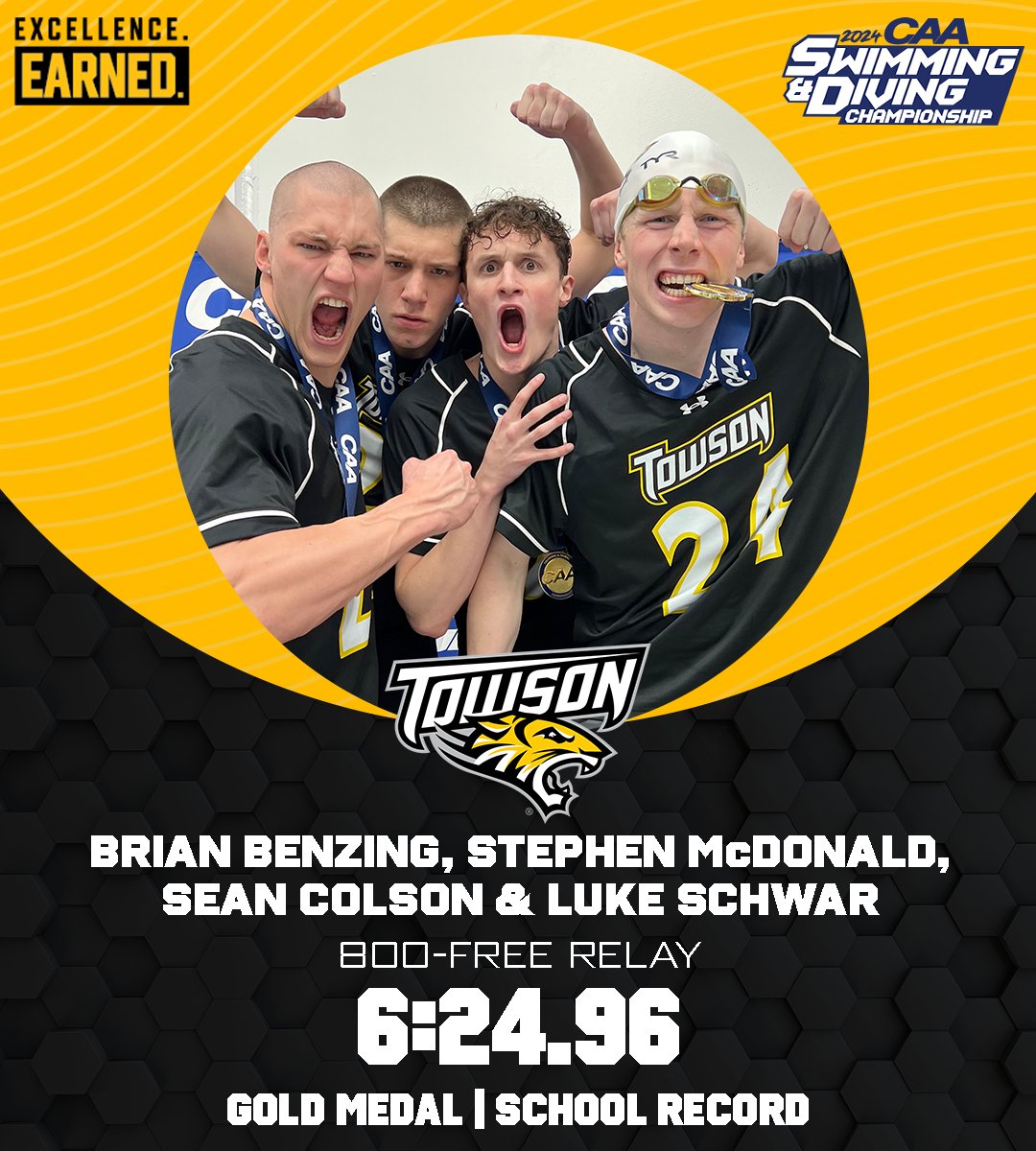 Towson_SWIMDIVE's tweet photo. That's a new SCHOOL RECORD for the gold medal finish! 🥇

Brian Benzing's lead-off leg of 1:34.55 set the CAA meet &amp; all-time record in the 200 free

#GohTigers https://t.co/N4uibOKveq