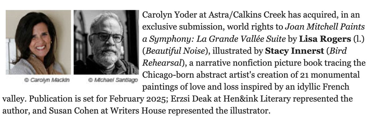 So happy to see this announcement of our upcoming book about 🎨 abstract artist Joan Mitchell🎨 via @PWKidsBookshelf & truly honored to work w/@StacyInnerst & Carolyn Yoder!! #calkinscreek #womenartists #joanmitchell Thank you, @astrakidsbooks & @joanmitchellfdn