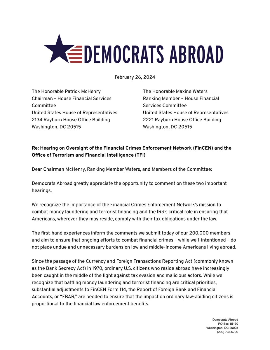DemsAbroadTax's tweet photo. FOR IMMEDIATE RELEASE - Taxation Task Force submission for the hearing with @FinCENnews Director Andrea Gacki https://t.co/WwNwQwD0Pq #AmericansAbroad #TaxTwitter #FBAR #FATCA #Taxation https://t.co/ODxeDDUF5P