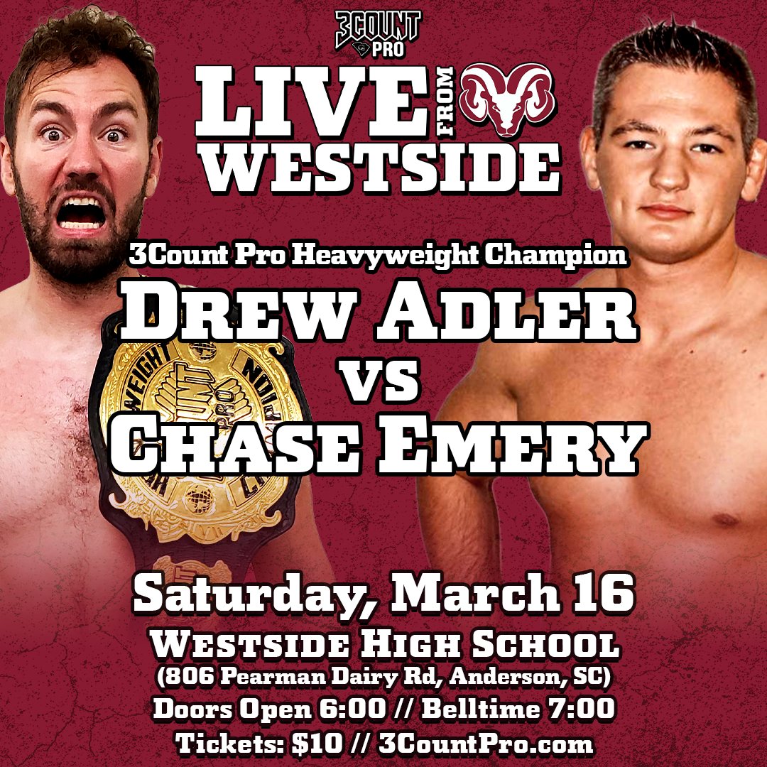 3CountPro's tweet image. 🚨 NEW MATCH 🚨

In a rematch from December, @Chase_Emery98 is looking to get one more shot at @DrewAdlerTTN's 3Count Pro Championship. Will the Bluechipper walk out as the new champ, or will Adler's "Top Tier" title reign continue?

🎫 Get your tickets at 3countpro.com/store