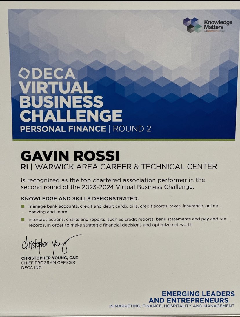 The Business Academy of Marketing &amp; Management recently competed in DECA &amp; Knowledge Matters Virtual Business Challenge. Gavin Rossi is recognized as the top chartered association performer in the 2nd round of the 23-24 Virtual Business Challenge. Congrats Gavin!  #warwickctc