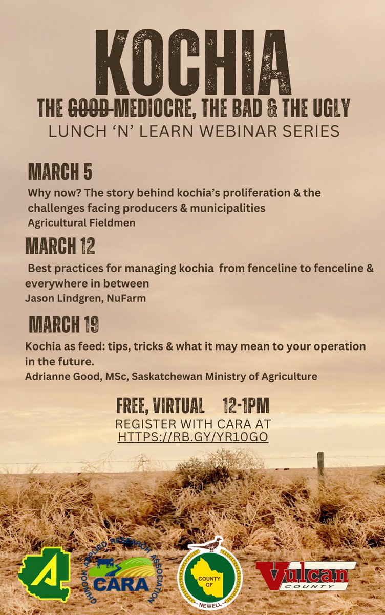 ❔“Why are we seeing so many tumbleweeds?” ❔“Herbicide resistance is limiting my chemical control options- now what?” ❔“Whose job is it to control?” 💻Join our webinar series in March! 🔗us02web.zoom.us/meeting/regist… @CARAresearch @CountyofNewell @SpecialAreas @vulcancounty