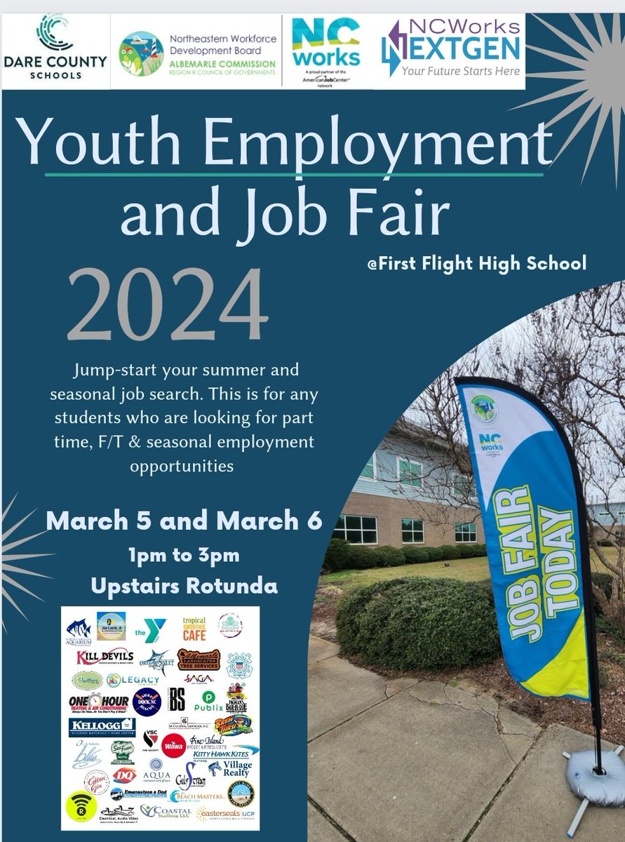 The 4th annual Job Fair is just 1 week away.  Almost 60 employers on-site are hiring seasonal, PT, and FT.  A Professional Center open each day to help students prep for interviews, resumes, & more. @CTEforNC @FFNighthawkNews @FirstFlightHigh @Daretolearn_DCS  @NCWorks_NEPZ