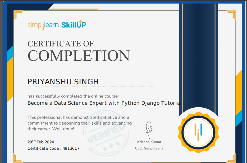 priyanshu7970's tweet photo. Hello ALL,
📢 I am super excited to share that I’ve just completed Become a Data Science Expert with Python Django Tutorial. 🎓
https://t.co/DNEA7fizZ9
.
.
.
.
.
#Upskilling #SoftwareDevelopment #Certification #JobReady #SkillUpBySimplilearn #Python  #CodingJourney https://t.co/eBCmfKMUw0