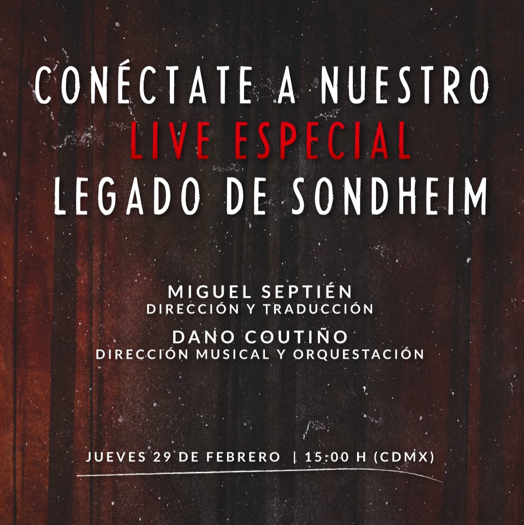 Sweeney Todd México (@sweeneytoddmex) on Twitter photo ¡𝟏𝐫𝐚 𝐒𝐨𝐫𝐩𝐫𝐞𝐬𝐚! 😱🤩
Comenzamos esta serie de especiales, con un 🔴 #LIVE en #IG sobre el legado de #StephenSondheim ✍🏼🎼
Miguel Septién (<a href="/mseptien/">Septién, Miguel</a>) y Dano Coutiño (<a href="/DanoSww/">Dano Coutiño</a>) nos contarán sobre la obra y legado de este autor canónico.
¡PON TU ALARMA! ⏰ ¡𝟏𝐫𝐚 𝐒𝐨𝐫𝐩𝐫𝐞𝐬𝐚! 😱🤩
Comenzamos esta serie de especiales, con un 🔴 #LIVE en #IG sobre el legado de #StephenSondheim ✍🏼🎼
Miguel Septién (<a href="/mseptien/">Septién, Miguel</a>) y Dano Coutiño (<a href="/DanoSww/">Dano Coutiño</a>) nos contarán sobre la obra y legado de este autor canónico.
¡PON TU ALARMA! ⏰