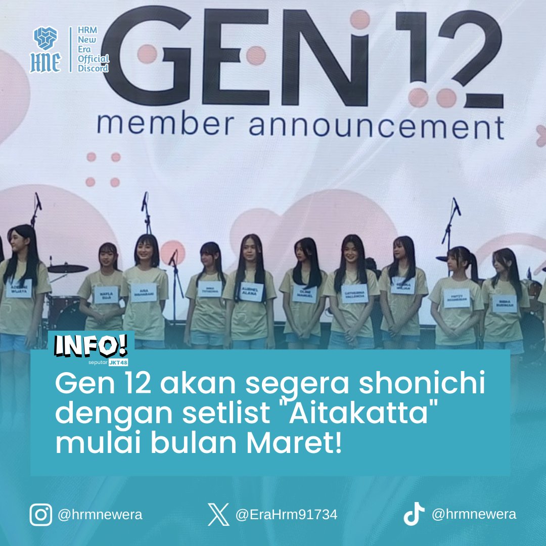 HRMnewera's tweet photo. Hai wotzz..👋
Mulai bulan Maret, Generasi 12 JKT48 akan segera shonichi dengan setlist "Aitakatta".

Kira-kira siapa global center gen 12?🤔
_
_
#jkt48 #hrmnews https://t.co/e5sIVhjFrn