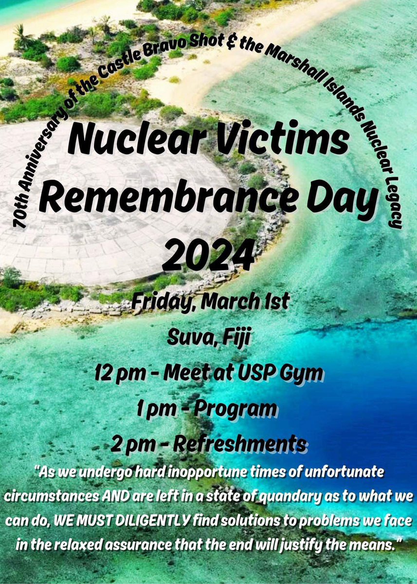 On this 70th Anniversary of the Castle Bravo test, stand in solidarity with the Marshall Islands & join us for the MISA Nuclear Victims Remembrance Day Solidarity March #NVRD2024 #NewClearWays #NukeFreePacific DETAILS BELOW: