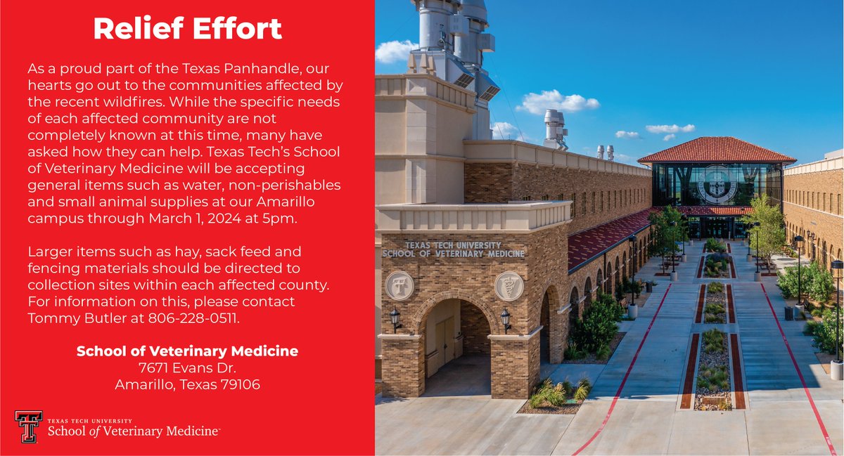 TTUVetMed's tweet photo. Our thoughts and prayers go out to those affected by the wildfires in the Panhandle.

In a relief effort, we are taking in donations through Friday March 1st from 8am-5pm to help those in need.

#TTUVetMed https://t.co/b5HsSTAZ8s