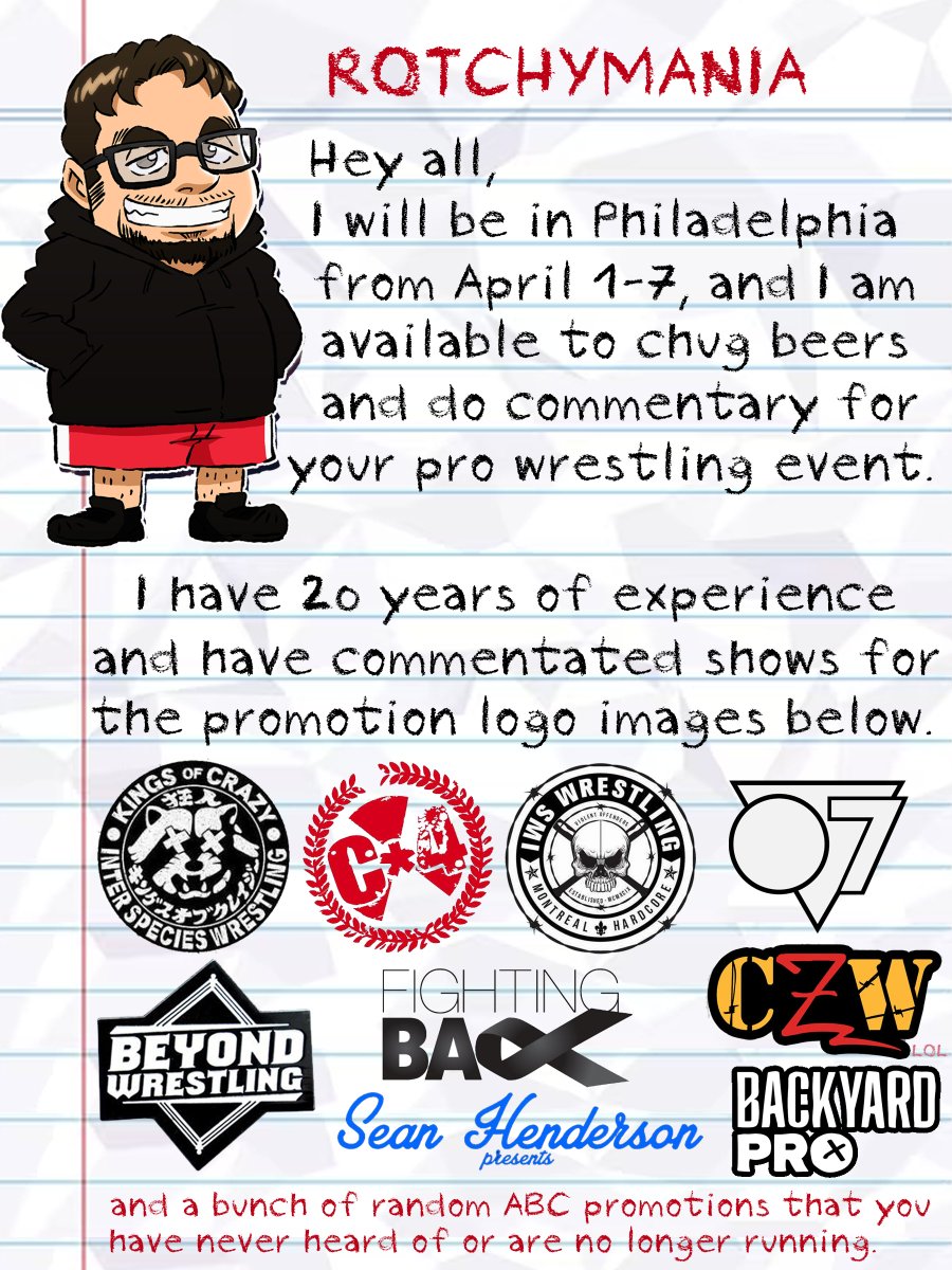 I'm going to be in Philadelphia for the entire first week of April. 

My first Wrestlemania week, since I missed 2019 because I was almost dead n' stuff (sympathy book me). 

Here's my graphic. Hope to work with, or get really wasted with, all of you.

Let's hang out.

-Michael