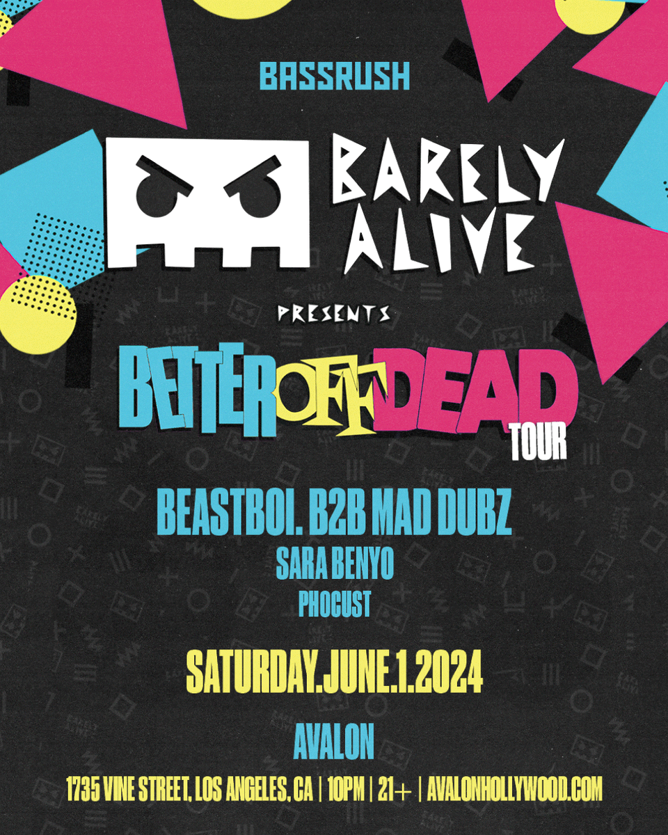 LOS ANGELES! bringing the BETTER OFF DEAD tour to Avalon on 6/1 with @beastboisucks B2B @Mad_Dubz , @sarabenyo and @iamphocust big lineup, new music, new visuals and exclusive merch sign up for presale now with code BODLA - link in our bio [ò...ó]