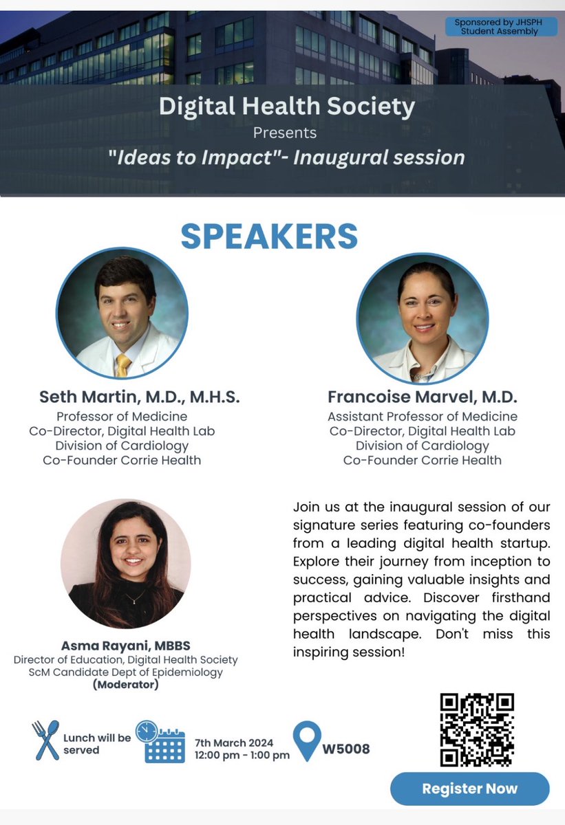 Join @SethShayMartin, @DoctorMarvelMD, and @RayaniAsma from DHIL for a panel discussion at the inaugural session of the ‘Ideas to Impact’ series organized by @JhDigitalHealth #DHIL #DigitalHealth #IdeastoImpact Registration Link: cglink.me/2dh/r1950234