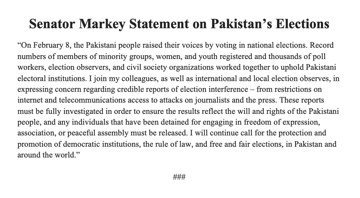 SenMarkey's tweet photo. My statement on the recent elections in Pakistan. https://t.co/NN6S7r3i7e