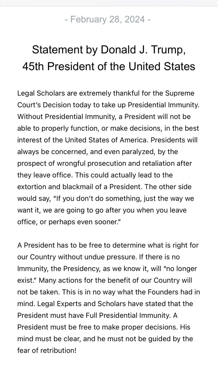 New statement from President Trump on today’s presidential immunity announcement: