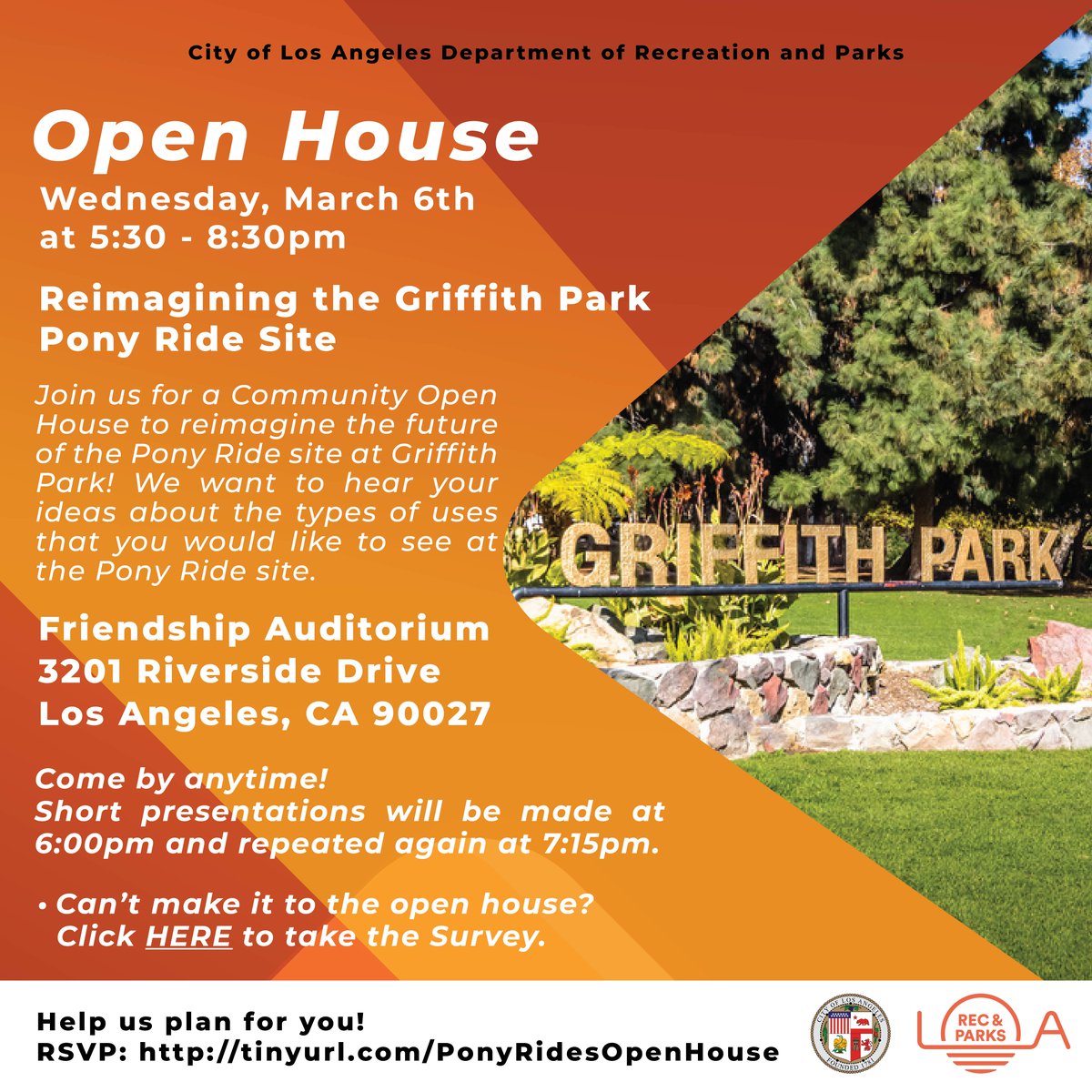 Join us March 6th from 5:30 - 8:30pm for an OPEN HOUSE to reimage the future of the Pony Ride site at Griffith Park! We want to hear your ideas about the types of uses that you would like to see at the Pony Ride site. RSVP here: tinyurl.com/PonyRidesOpenH…