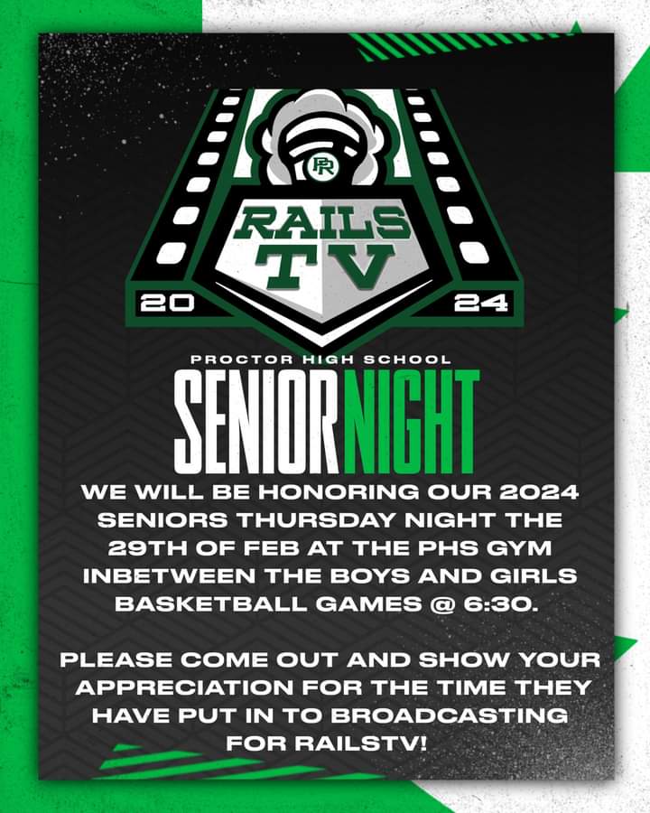 WE WILL BE HONORING OUR 2024 SENIORS THURSDAY NIGHT THE 29TH OF FEB AT THE PHS GYM INBETWEEN THE BOYS AND GIRLS BASKETBALL GAMES @ 6:30.
PLEASE COME OUT AND SHOW YOUR  APPRECIATION FOR THE TIME THEY HAVE PUT IN TO BROADCASTING FOR RAILSTV!