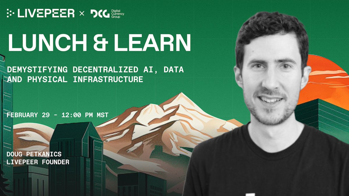 Excited to share that @petkanics, Livepeer founder, will join the “Lunch & Learn: Demystifying Decentralized AI, Data, and Physical Infrastructure” event organized by @DCGco on February 29, 12:00 PM MST at Stick & Feather, in Denver. #ETHDenver2024 🧵👇