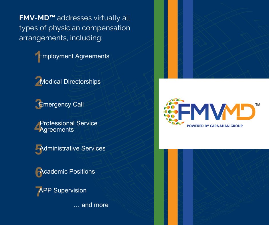 FMVMD™ is a web-based fair market valuation tool providing comprehensive solutions for physician compensation compliance. This tool addresses all different types of physician compensation arrangements.

To learn more visit fmvmd.com.
