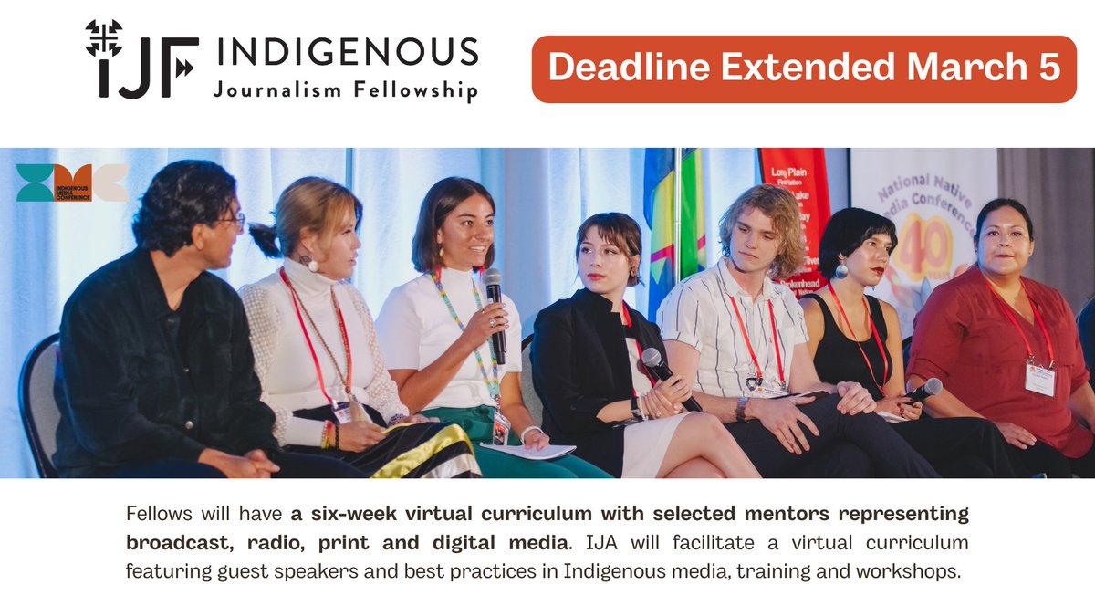 🚨 <a href="/IndigenousJA/">Indigenous Journalists Association</a> extends application deadline for the Indigenous Journalism Fellowship to 3/5. Fellows will build their reporting &amp; interpersonal skills in a digital newsroom experience before, during &amp; after the 2024 Indigenous Media Conference. - tinyurl.com/2987yjkw