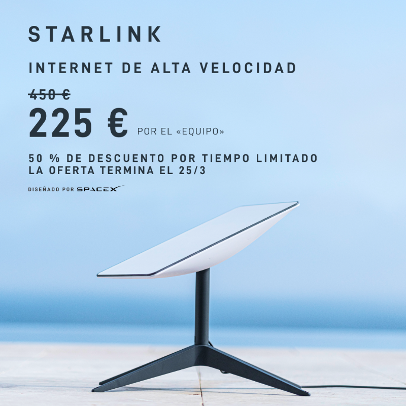 Starlink's tweet photo. Oferta por tiempo limitado: haga ya su pedido y ahorre un 50 % en el equipo Starlink por 225 €.