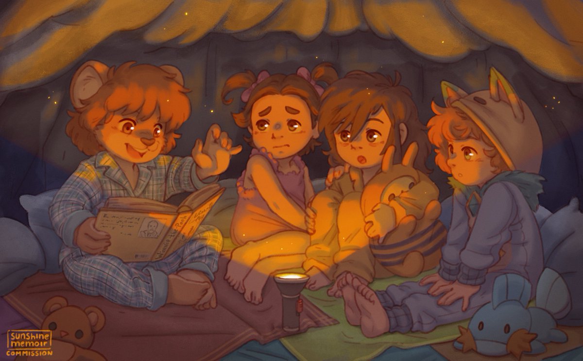 Story time under the pillowfort 🛌 Characters belong to @/Candle_Kit, @/Jtsprivatepala1 and @/Bee_lijah! For more info on commissions, check my pinned tweet! ✨