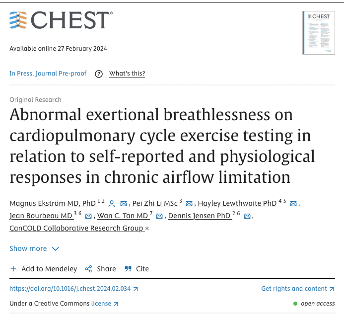 🫁Yet another study highlighting value of #CPET & how it can be used to identify people with abnormally high #breathlessness @ any given level of work > People w chronic airflow limitation + abnormally high breathlessness during CPET have worse outcomes doi.org/10.1016/j.ches…