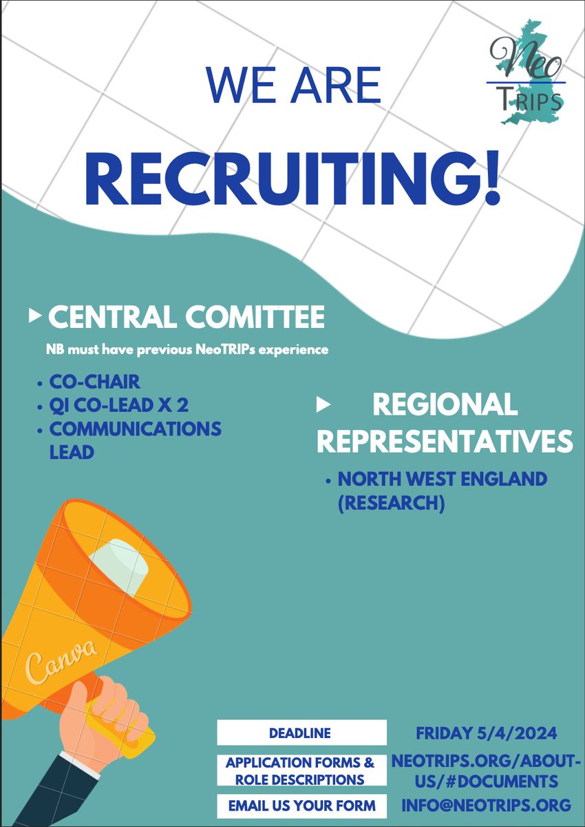 🚨 RECRUITMENT CALL 🚨 New opportunities to join our trainee-led national research/QI network have just been announced! Apply now! Deadline Friday 5th April 2024 💻 neotrips.org ✉️ info@neotrips.org