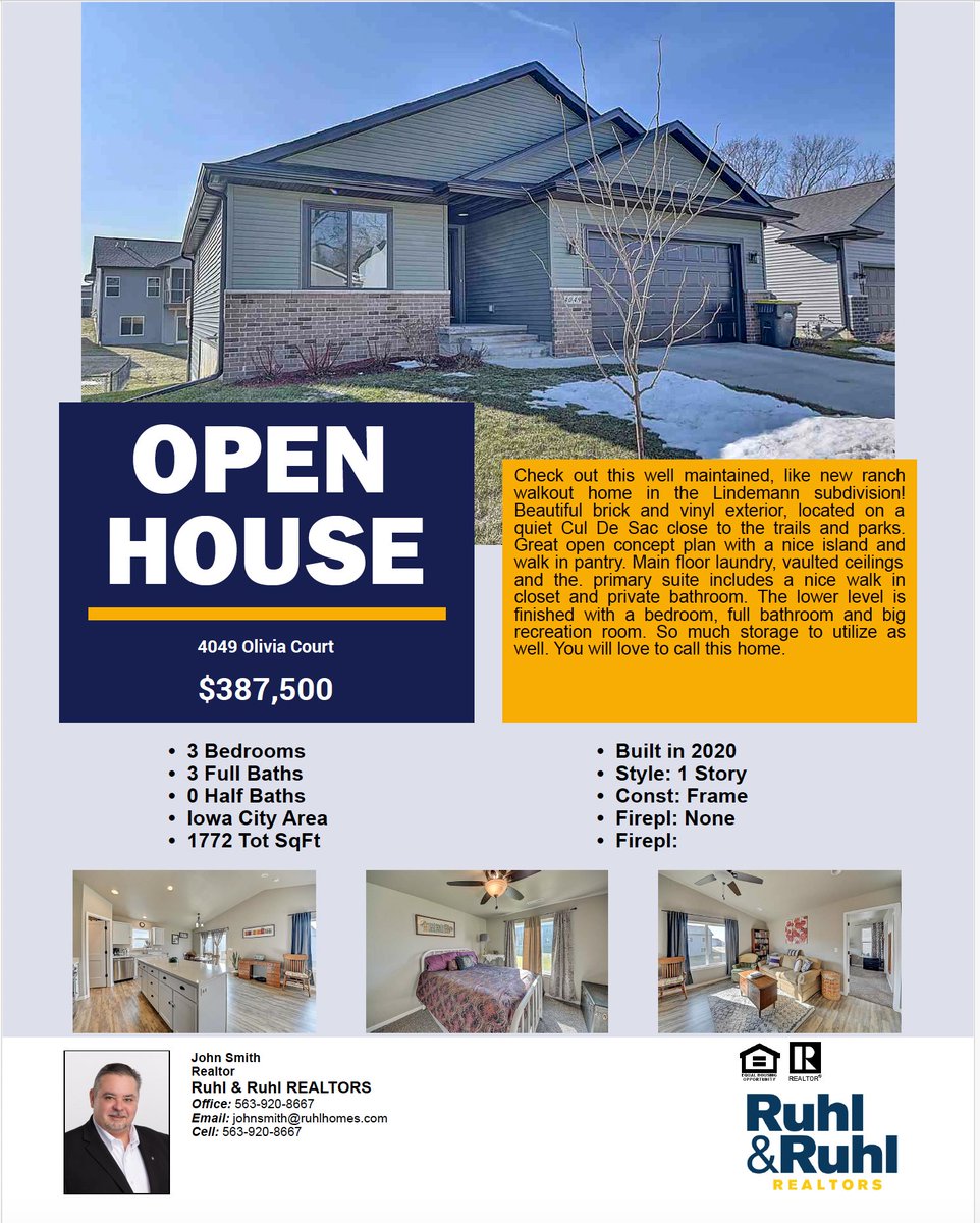 OPEN HOUSE: Saturday March 2nd, 12pm to 2pm.
#ruhlandruhlrealtors #iowacityrealestate #NorthLiberty #Tiffin #IowaCityRealEstateAgent #Iowarealtor #IowaCity #Coralville #openhouse