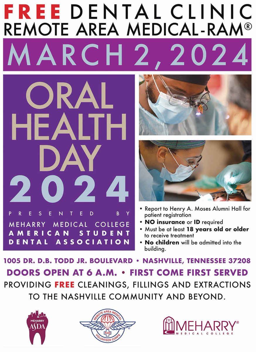 It's that time of the year— Oral Health Day! If you or someone you know needs dental care, Meharry Medical College School of Dentistry is offering FREE teeth cleaning, fillings, and extractions to Nashville and the surrounding areas on Saturday, March 2, 2024. #dentalcare
