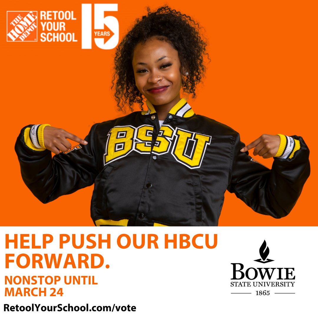 BowieState's tweet photo. π£ Calling all Bulldogs! It's time to show our #BSUpride in The Home Depot Retool Your School Challenge! Let's win up to $150K for our campus improvements! Vote as many times as you can until March 24th. Vote online now: https://t.co/eCfbK1RXNk #RetoolYourSchool https://t.co/1SpBMIY11y