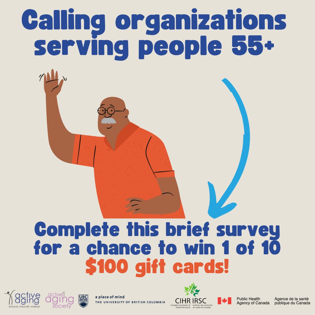 Work at an organization that serves people 55+? We need your input! Take this 10 min. survey to answer: Are BC orgs ready to support the social & physical health of adults 55+? 10 lucky respondents get a $100 gift card! tinyurl.com/are-you-ready-…