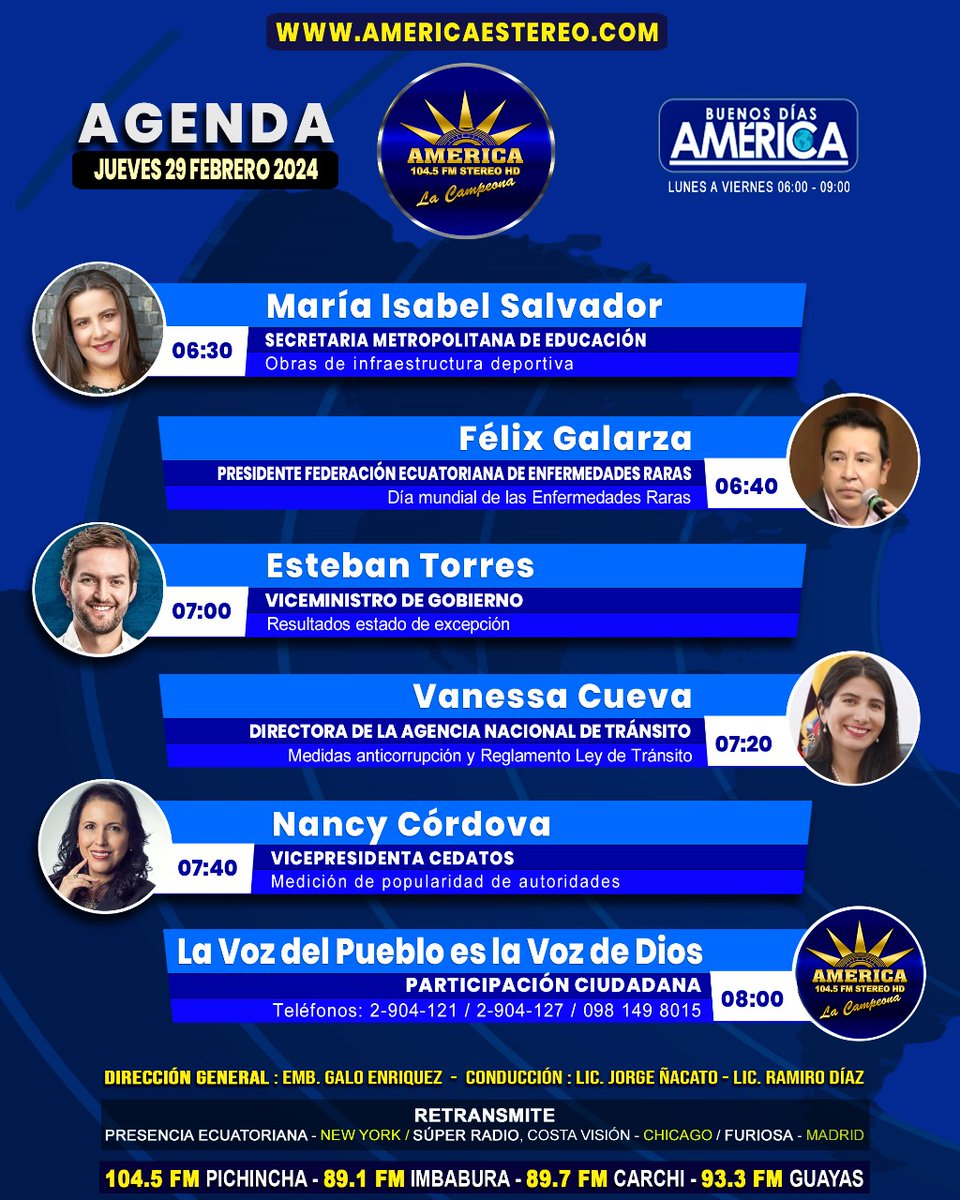 [AGENDA] Jueves  29  Febrero 2024
🔴 Noticias de actualidad #nacional e #internacional en #BuenosDíasAmérica.
#MariaIsabelSalvador
#FelixGalarza
#EstebanTorres
#VanessaCueva
#NancyCordova
 🔻
#analista #politica  #noticias #entrevistas #radionoticias #noticiasec