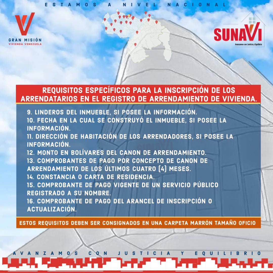 sunavi_oficial's tweet photo. Requisitos Específicos para la Inscripción de los Arrendatarios en el Registro de Arrendamiento de Vivienda.
#inquilinos #sircav https://t.co/8yexgHmkQA