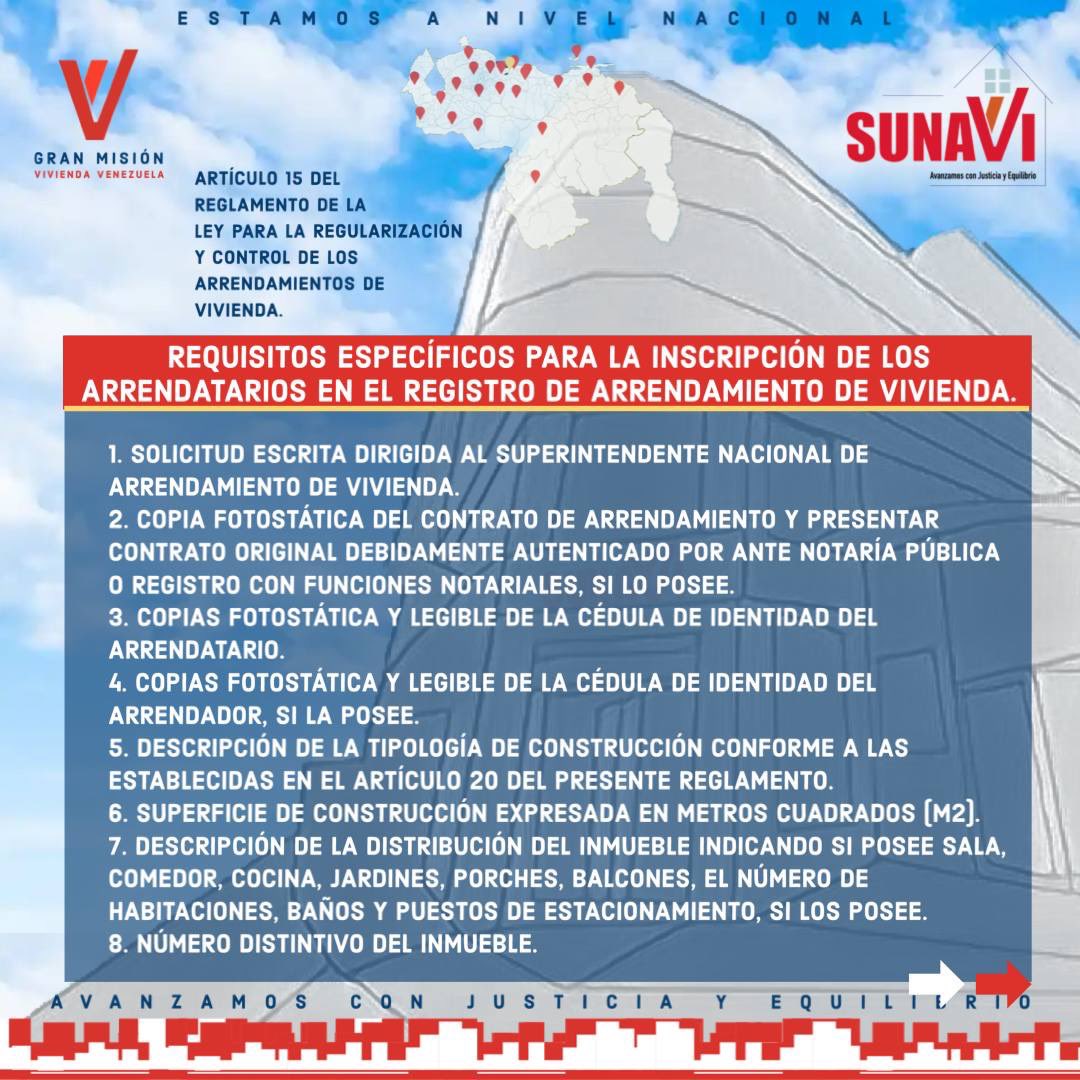 sunavi_oficial's tweet photo. Requisitos Específicos para la Inscripción de los Arrendatarios en el Registro de Arrendamiento de Vivienda.
#inquilinos #sircav https://t.co/8yexgHmkQA
