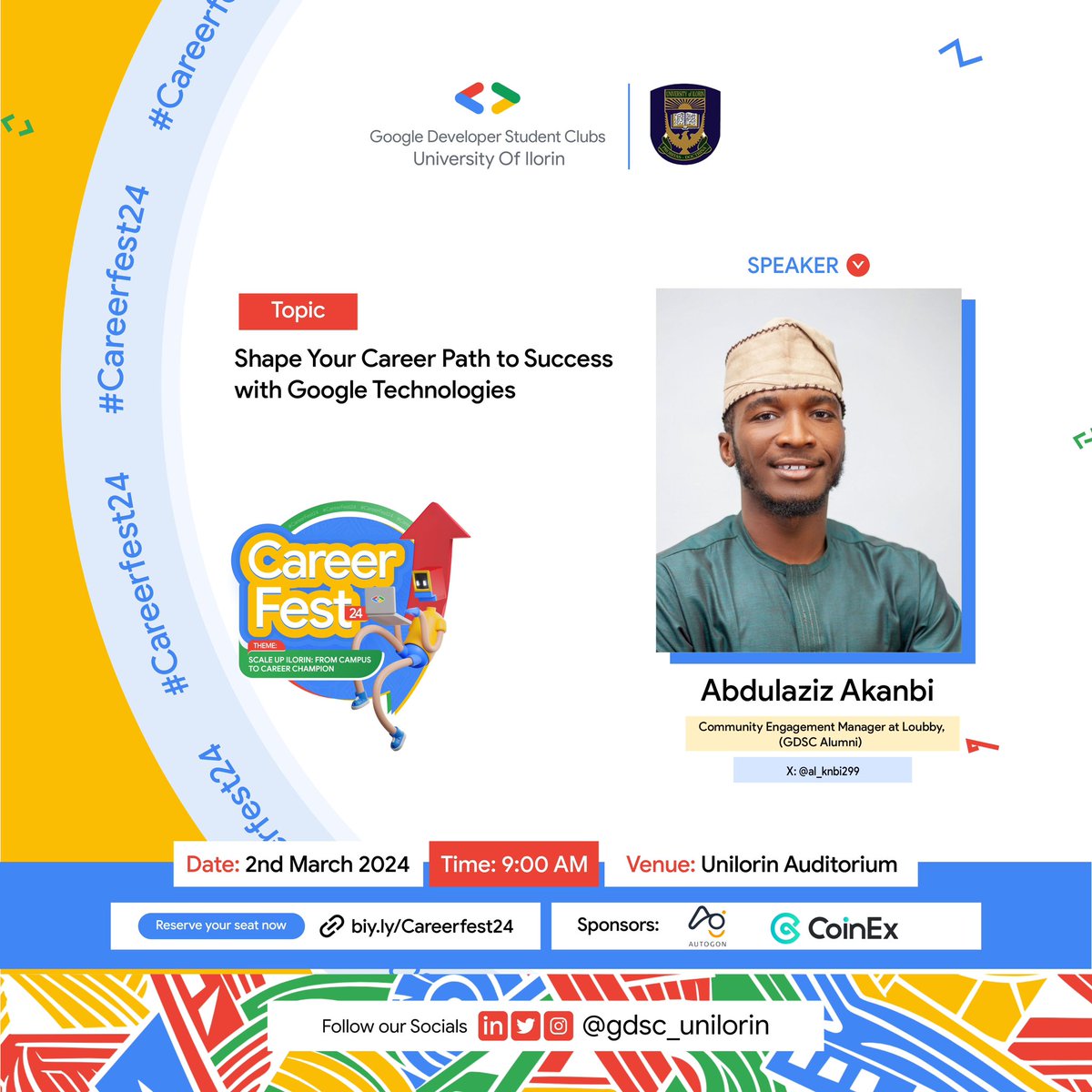 gdgoc_unilorin's tweet image. Azooz 🚀🚀,a man with many titles. 
A GDSC UNILORIN alumni and Community manager at CMX and Loubby. 

He&apos;ll be enlightening us on how to &quot;Shape your Career path to Success with Google Technologies&quot;.

Don&apos;t miss this for anything in this world.

Hurry up : bit.ly/careerfest24