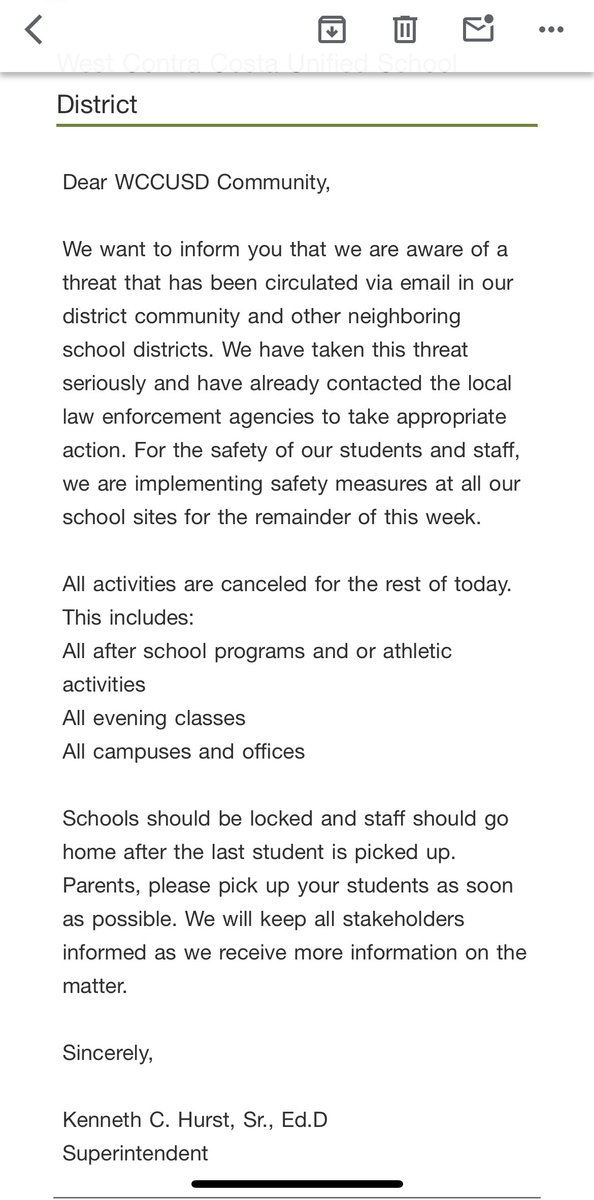 RHS_Leak's tweet photo. BREAKING: WCCUSD closes campuses districtwide after school today due to an email threat it believes to be credible, per @WCCUSD community email. The District did not specify what the threat is exactly but mentions other neighboring school districts also received a threat. https://t.co/9a7Fz3o895