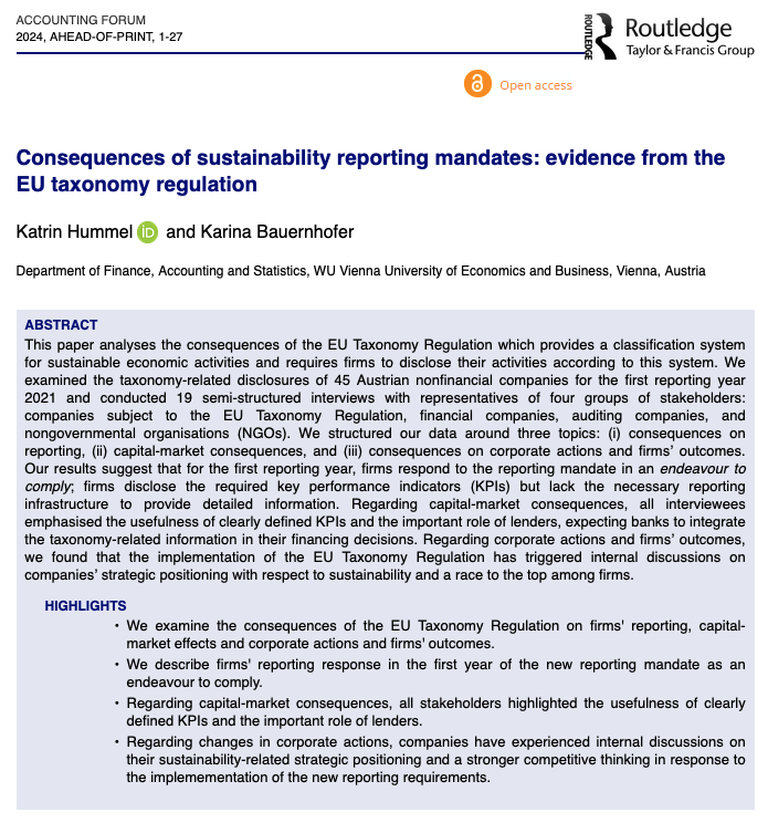 📢 Hot Off the Press in #AccForum! Consequences of #sustainability #reporting mandates: evidence from the EU #taxonomy #regulation by Katrin Hummel & Karina Bauernhofer @wu_accounting #EU #regulation #sustainabilityreporting #taxonomyregulation tandfonline.com/doi/full/10.10…