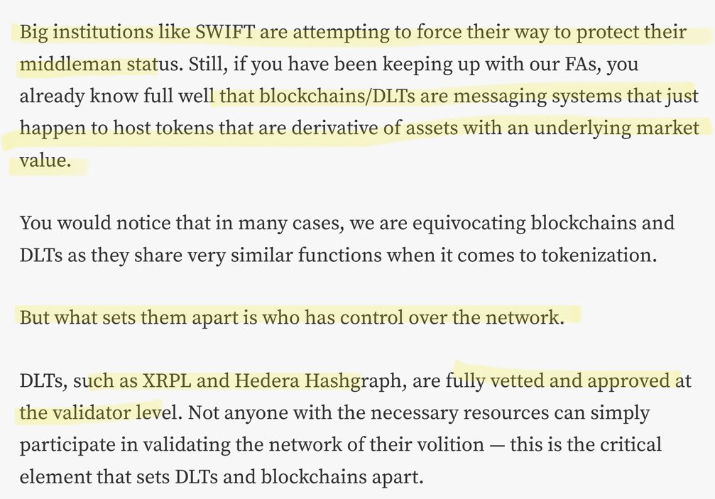 Big institutions like Swift and other major banks are protecting their middleman status. Fully vetted DLTs like the XRPL and HBAR will outsource their capabilities to already established figures in the financial system. 🔑