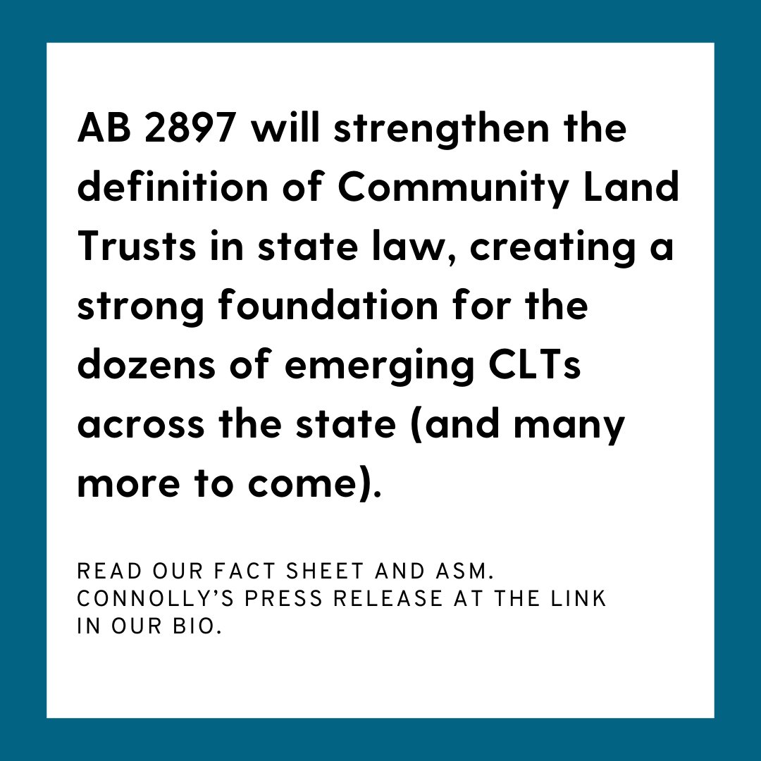 We are thrilled to announce AB 2897, a new bill to strengthen the definition of Community Land Trusts in state law and create a strong foundation for dozens of emerging CLTs across the state (w/ more to come). linktr.ee/cacltn #CommunityLandTrust #CALeg