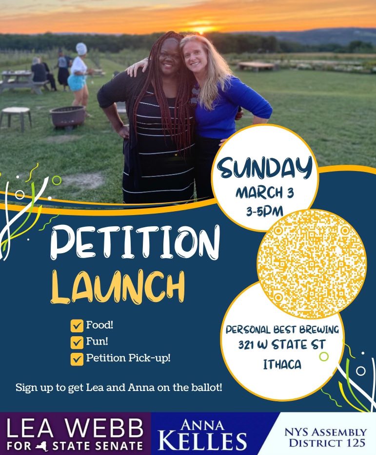 Petitioning has begun! Join me for my upcoming Petition Kickoff Event in Tompkins County with Assemblymember Anna Kelles. Your support during this process is critical. Here are the details: Sunday, March 3rd Personal Best Brewing 3 PM - 5 PM RSVP: bit.ly/PetitioningKic…