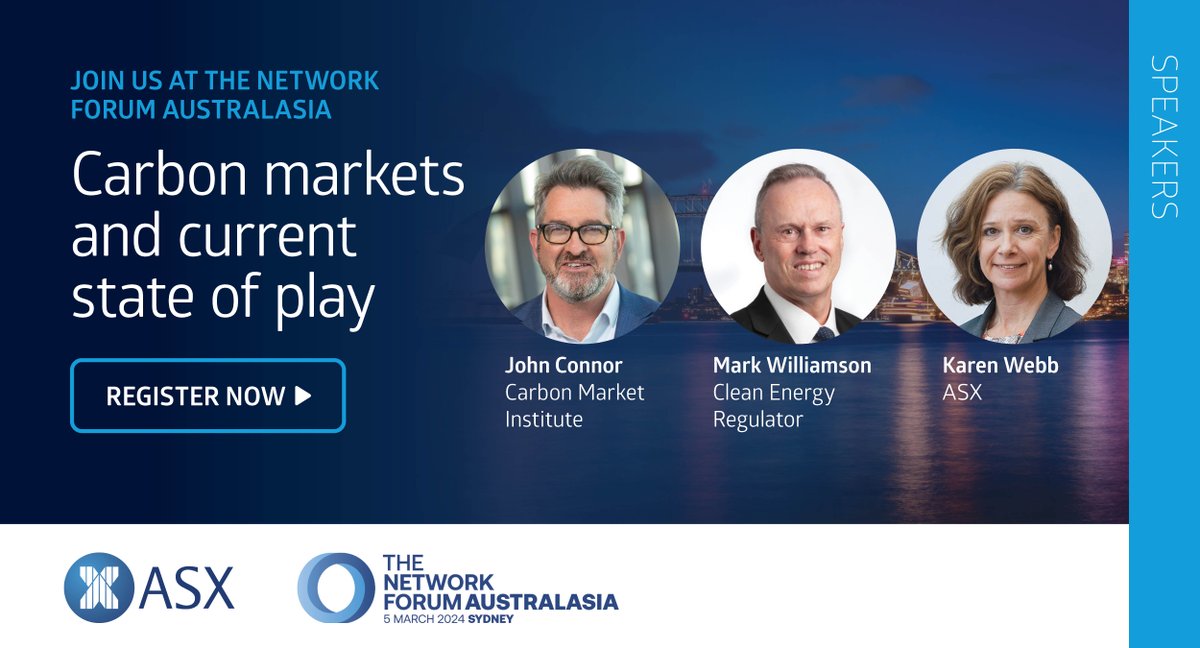 ASX 🏛 The heart of Australia's financial markets (@asx) on Twitter photo Explore the current and future state of play in Carbon Markets at The Network Forum Australasia. Hear from <a href="/CarbonMarketIns/">Carbon Market Institute</a>, <a href="/CERegulator/">CleanEnergyRegulator</a> and ASX as they explore the dynamics and trends of carbon markets. Register now: bit.ly/49N7P3p
#TheNetworkForumAustralasia Explore the current and future state of play in Carbon Markets at The Network Forum Australasia. Hear from <a href="/CarbonMarketIns/">Carbon Market Institute</a>, <a href="/CERegulator/">CleanEnergyRegulator</a> and ASX as they explore the dynamics and trends of carbon markets. Register now: bit.ly/49N7P3p
#TheNetworkForumAustralasia