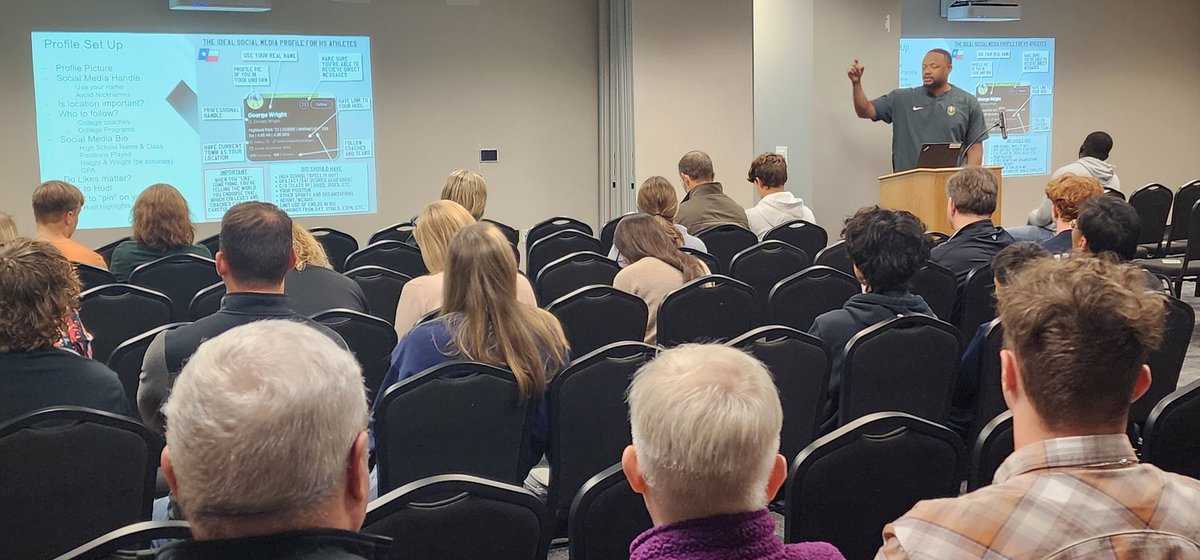 Coach Anthony Moore from Jordan HS sharing some great wisdom at the Katy ISD College Athlete Recruiting 101 seminar on the importance of a social media platform.